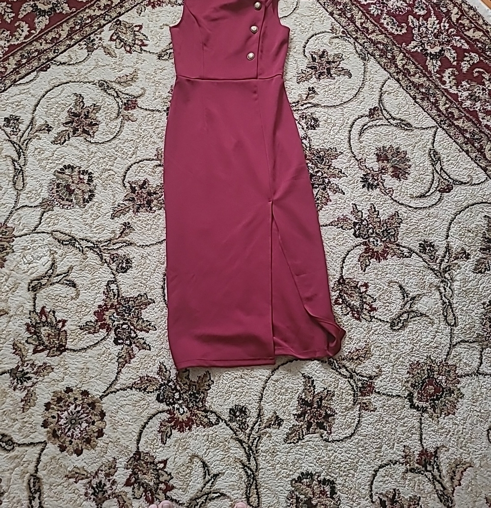 Maroon Midi Dress with Gold-Tone Buttons Size XS
